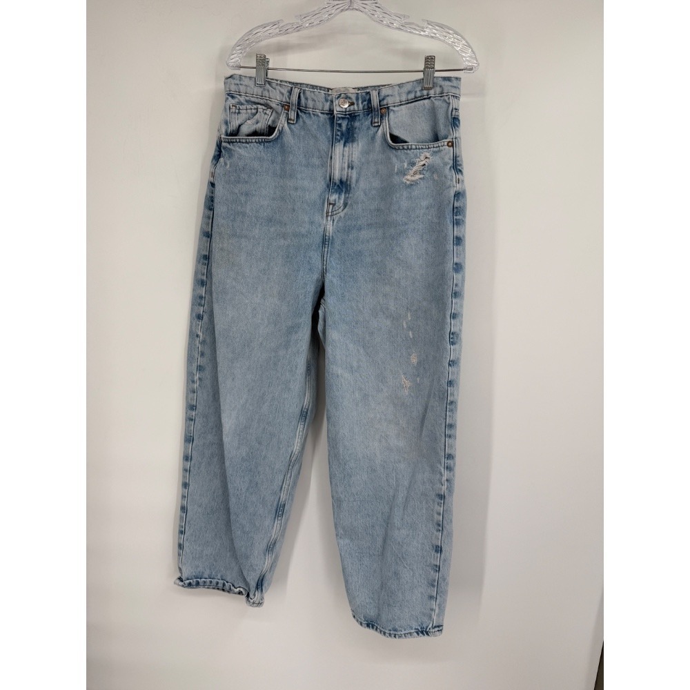 We The Free Baggy Distressed Straight Leg High Rise Blue Denim Jeans Sz 30